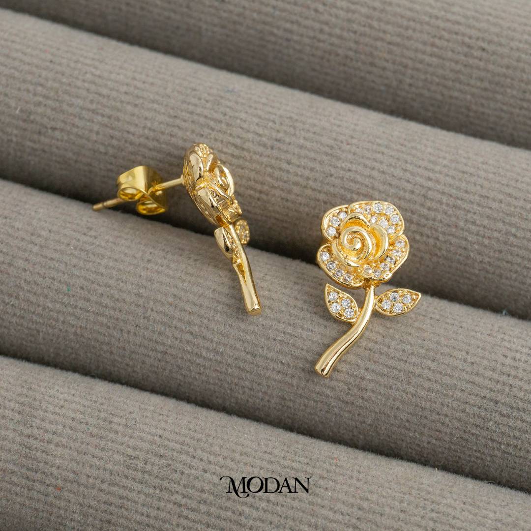 Micro Pave Rose Flower Stud Earrings Anting Tusuk Bunga Mawar Hypoallergenic Gold Plated