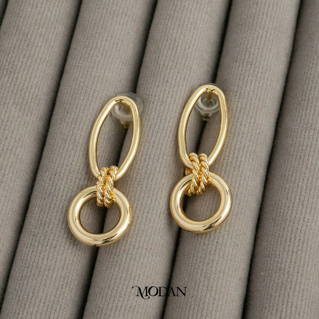 Geometric Oval Double Link Drop Stud Earrings Anting Tusuk Gantung Hypoallergenic Gold Plated