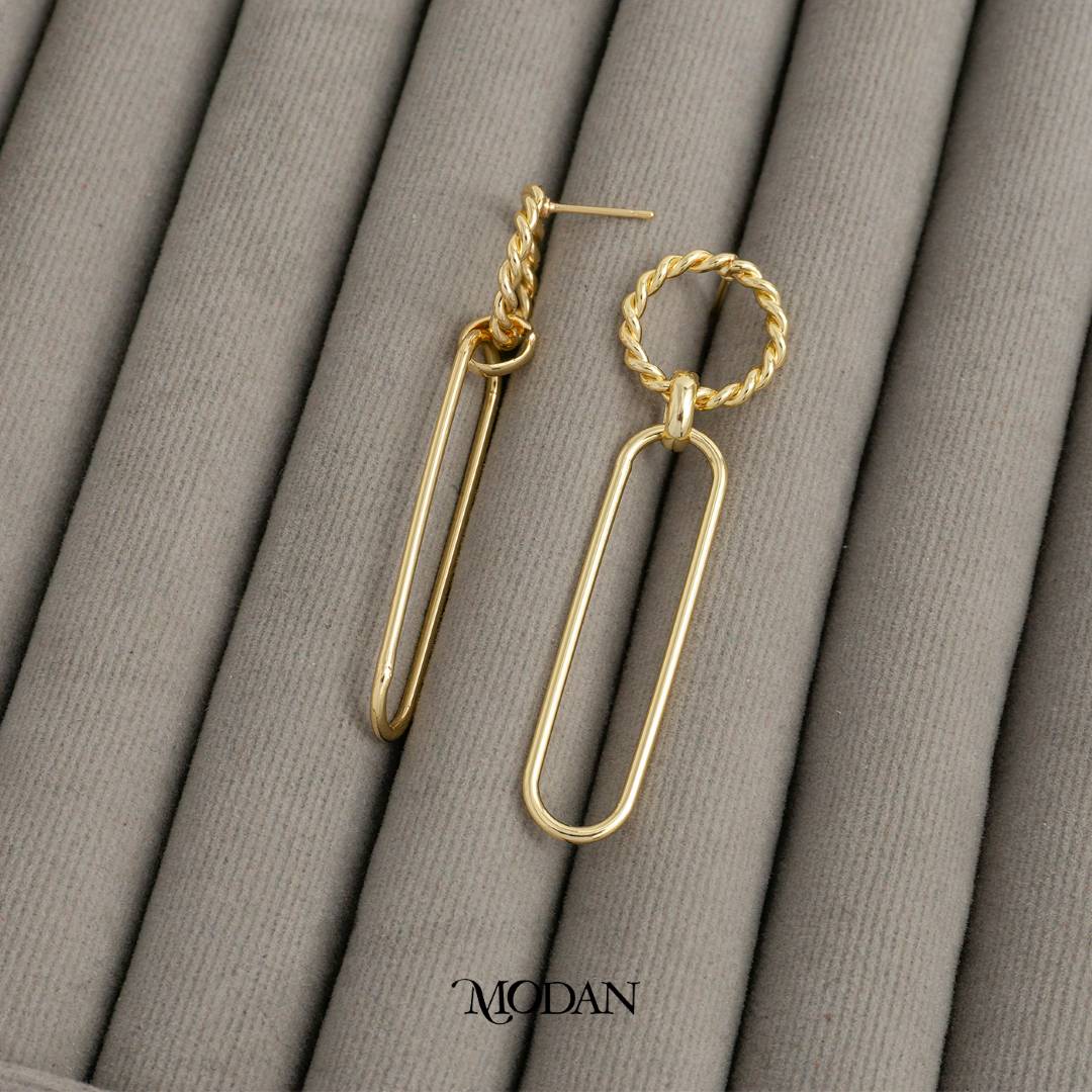 Geometric Rope Link Drop Stud Earrings Anting Tusuk Gantung Hypoallergenic Gold Plated