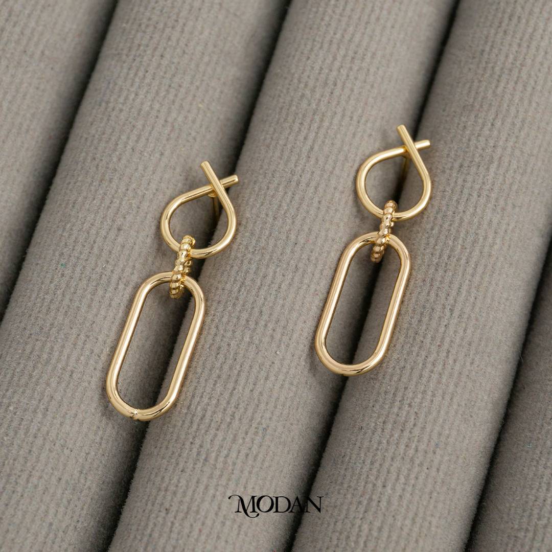 Geometric Paperclip Link Drop Stud Earrings Anting Tusuk Gantung Hypoallergenic Gold Plated