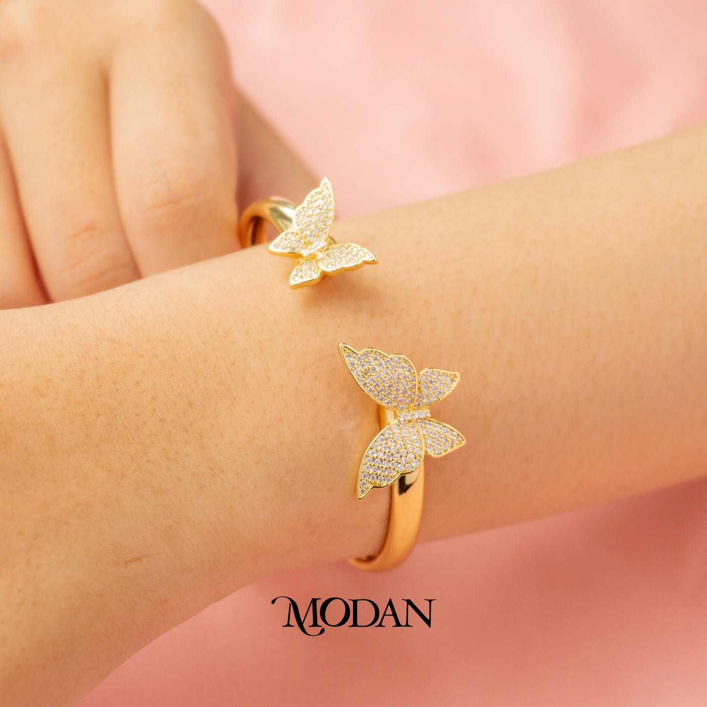 (6cm) Sparkling Double Micro Paved Butterfly Cuff Bracelet Gelang Kupu Kupu Hypoallergenic Gold Filled