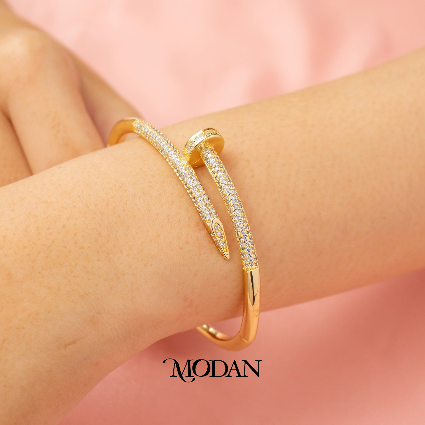 (6.5cm) Micro Paved Zirconia Nail Cuff Bracelet Gelang Kaku Bentuk Paku Hypoallergenic Gold Filled