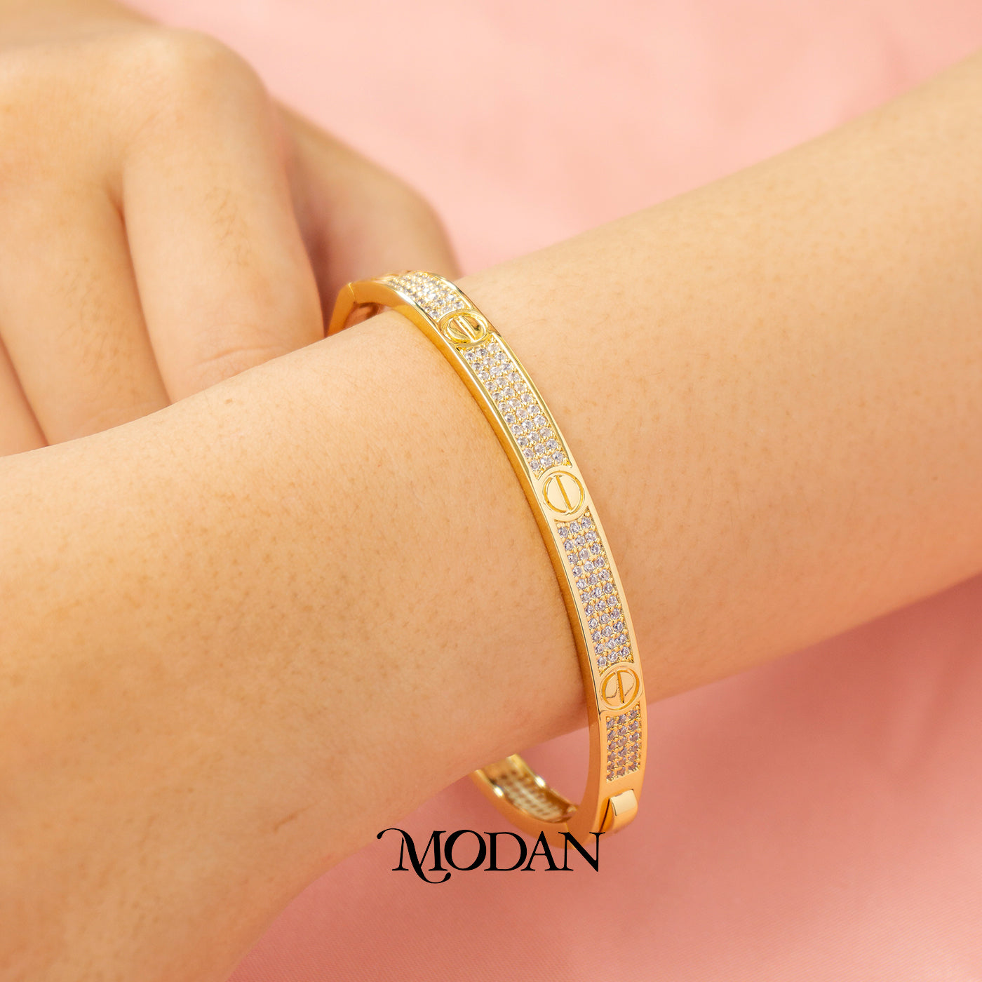 (7cm) Micro Paved Zirconia Oval Bangle Bracelet Gelang Kaku Hypoallergenic Gold Filled