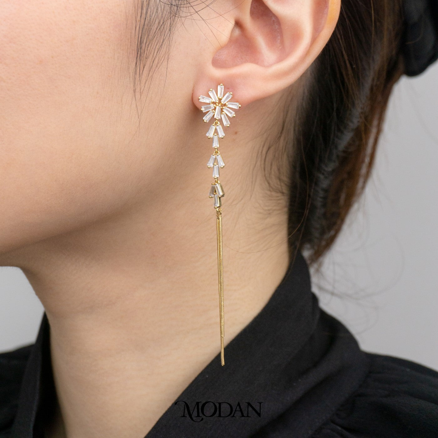 Bridal Geometric Baguette Long Drop Earrings Anting Tusuk Gantung Pesta Hypoallergenic Gold Plated