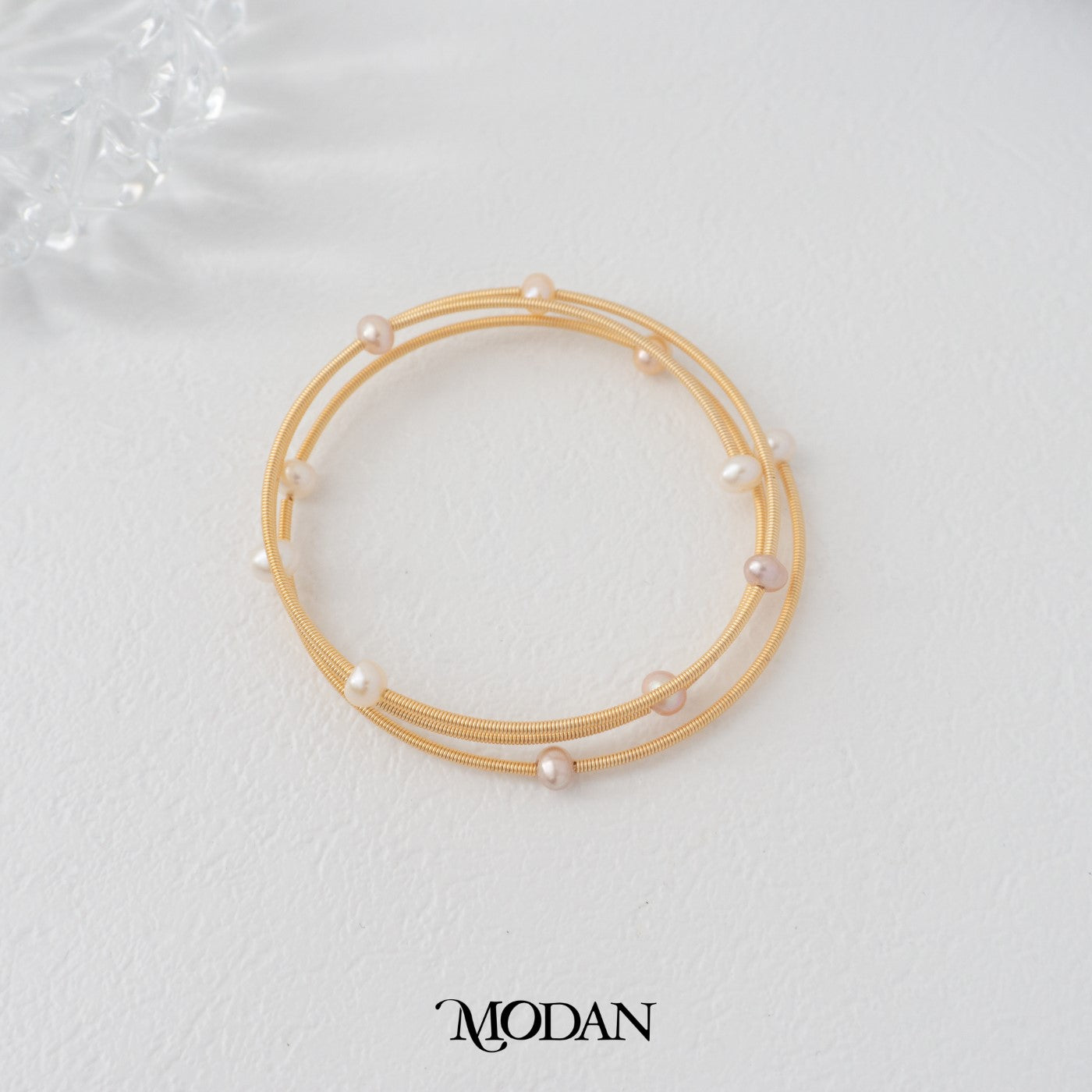 Sparkling White Pink Beaded Shell Pearl Triple Layer Cuff Bracelet Gelang Mutiara Hypoallergenic Gold Filled