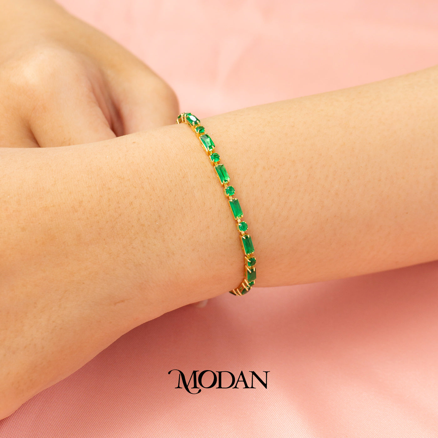 (3mm) Pink & Green Simple Round Baguette Zirconia Tennis Adjustable Bracelet Gelang Serut Hypoallergenic Gold Filled