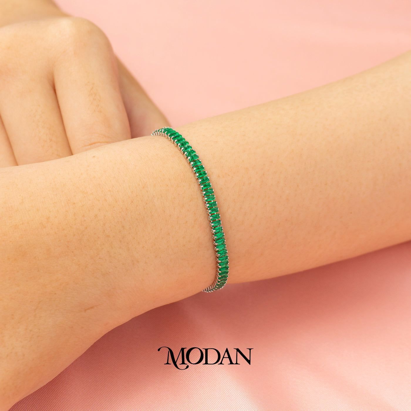 (4mm) Pink & Green Simple Ribbed Baguette Zirconia Tennis Adjustable Bracelet Gelang Serut Hypoallergenic Gold Filled
