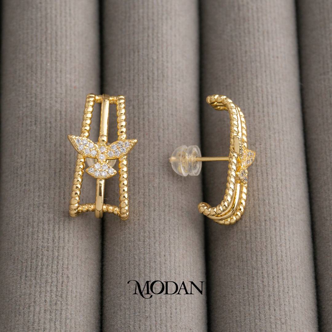 Sparkling Flying Dove Triple Bar C Hoop Earrings Anting Tusuk Tiga Baris Burung Merpati Hypoallergenic Gold Filled