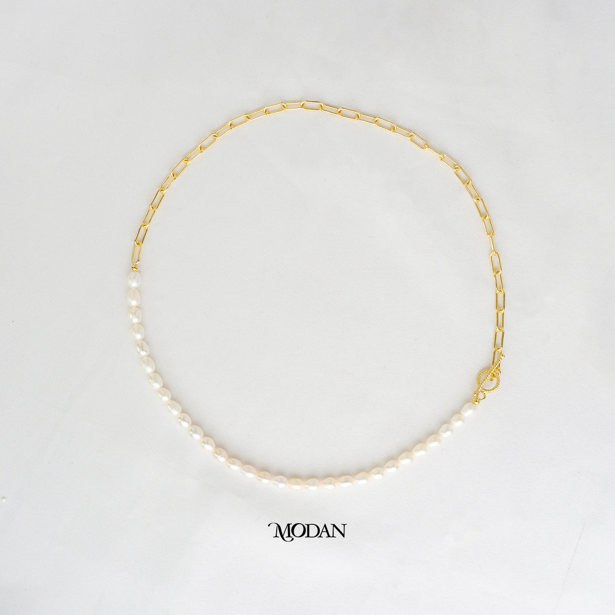 45.5cm Round Toggle White Freshwater Beaded Paperclip Necklace Kalung Mutiara Air Tawar Hypoallergenic Gold Plated