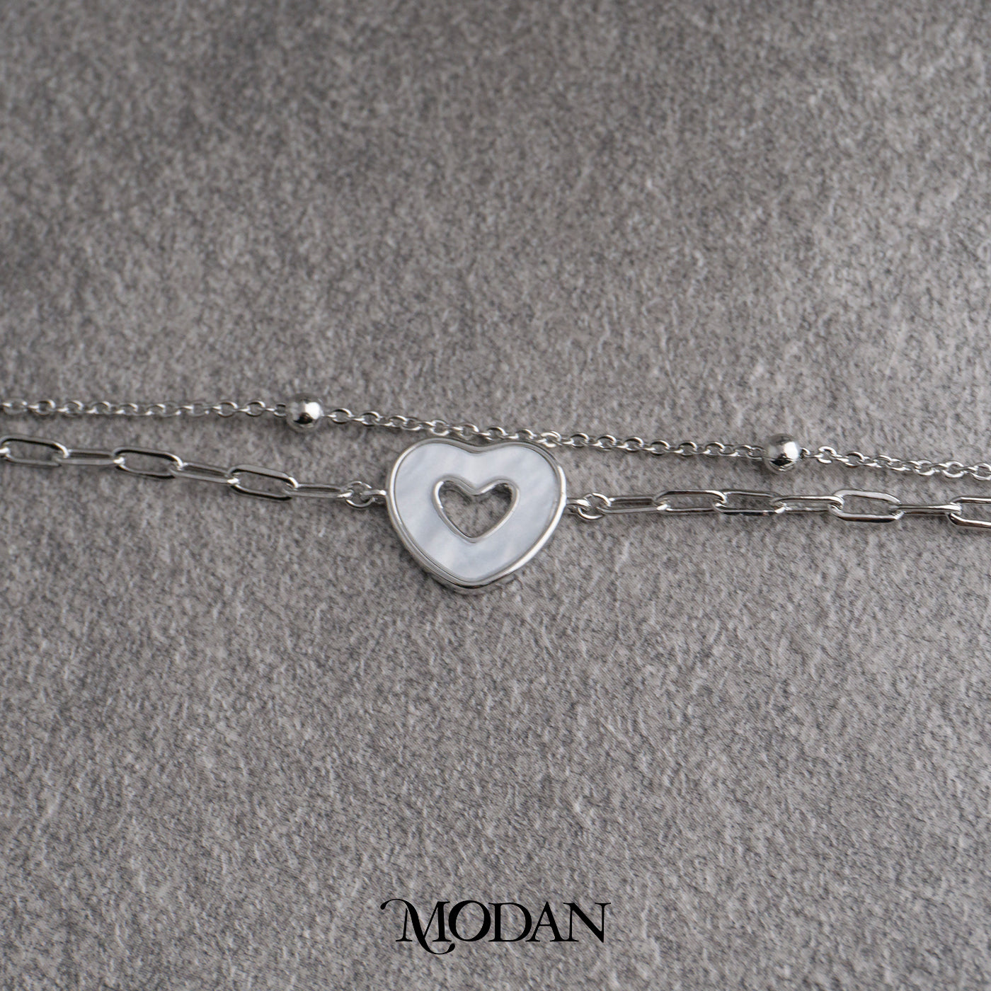 (15.5cm) Silver Mother of Pearl Heart Shaped Double Layer Bracelet Gelang Hati Hypoallergenic Gold Filled