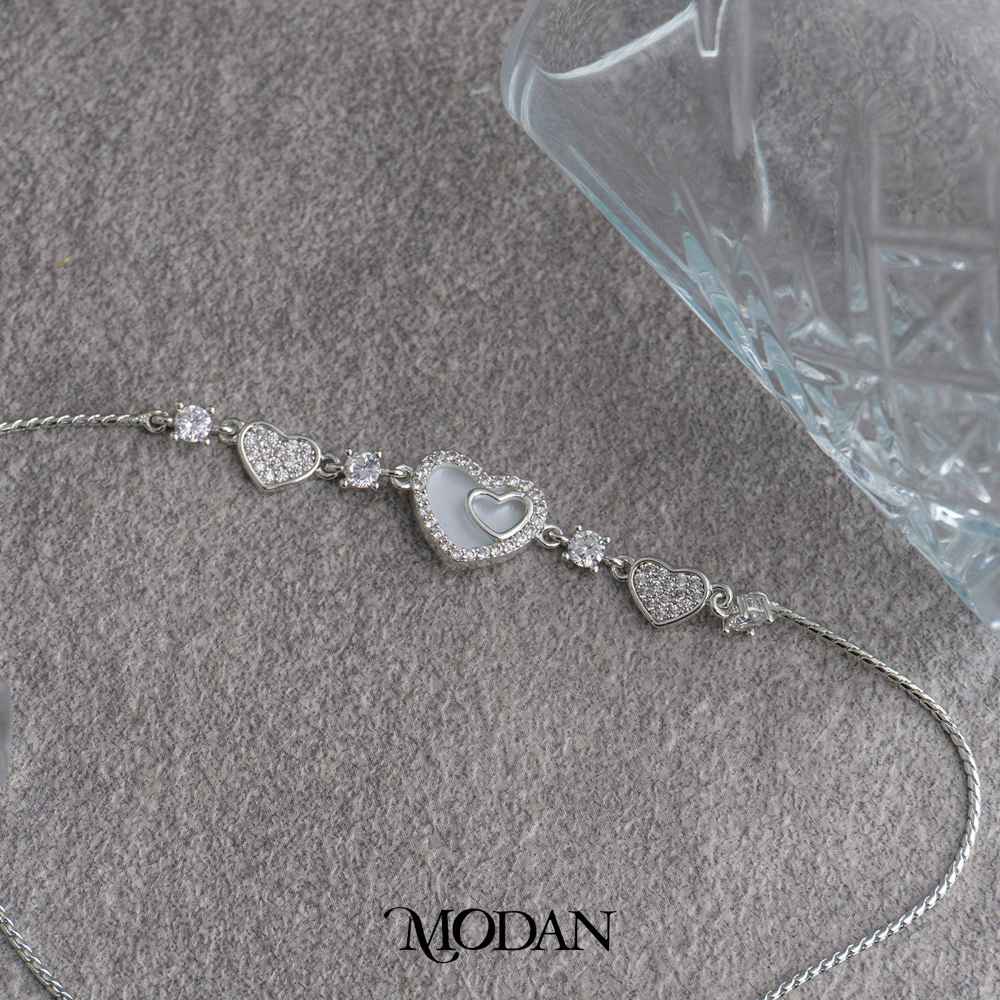 Silver Micro Paved Mother of Pearl Heart Shaped Adjustable Bracelet Gelang Serut Hati Hypoallergenic Gold Filled