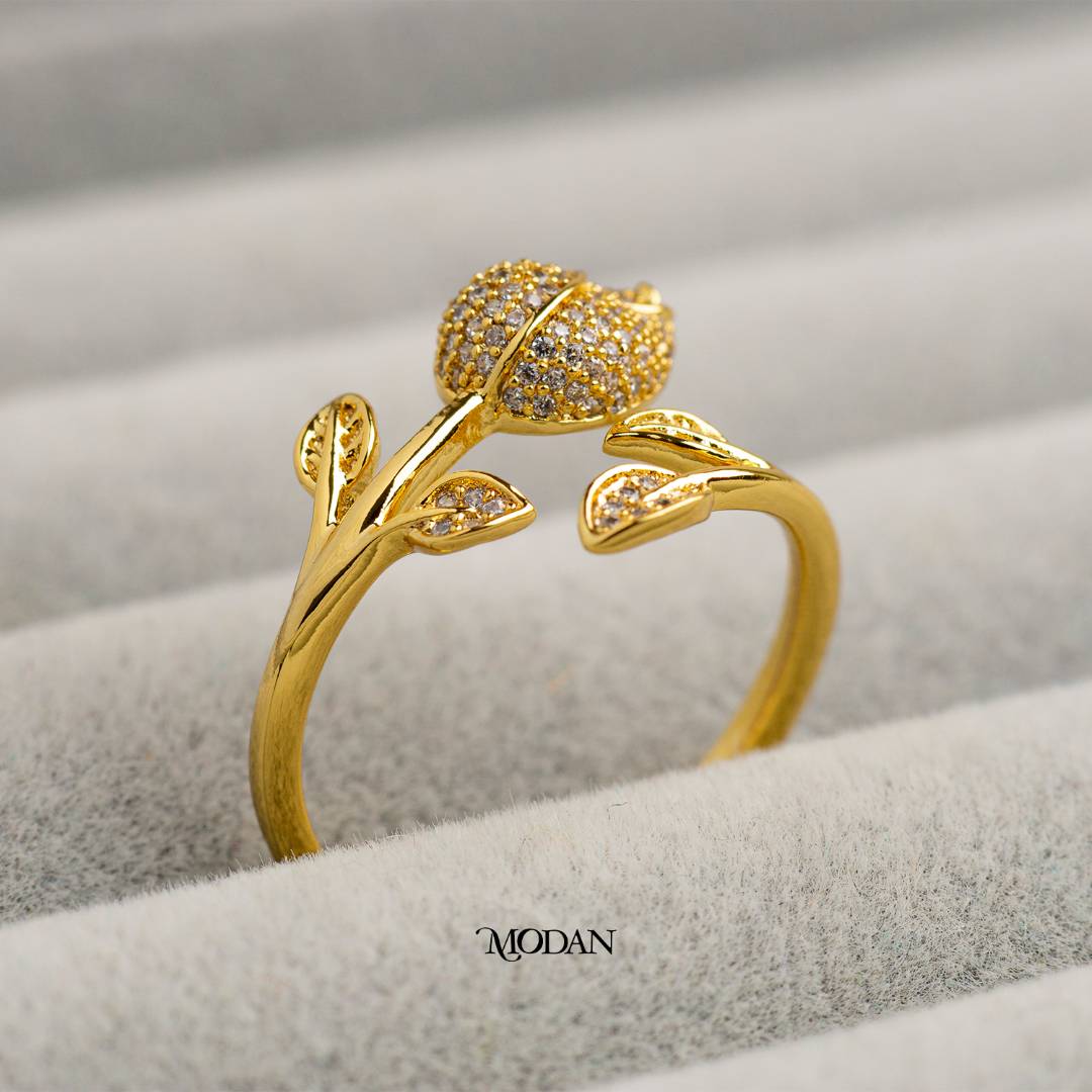 Elegant Golden Tulip Adjustable Ring Cincin Bunga Tulip Hypoallergenic Gold Plated