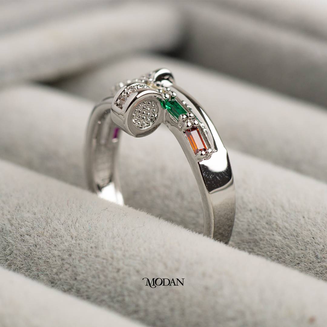 Rainbow Baguette Row Statement Adjustable Ring Cincin Warna-Warni Tumpuk Baguette Hypoallergenic Gold Plated