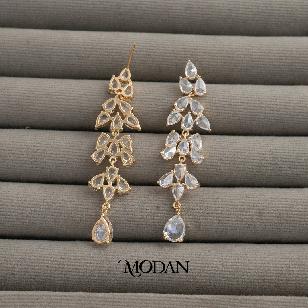 Sparkling Cluster Teardrop Long Drop Earrings Anting Gantung Tetes Air Mata Pesta Hypoallergenic Gold Plated