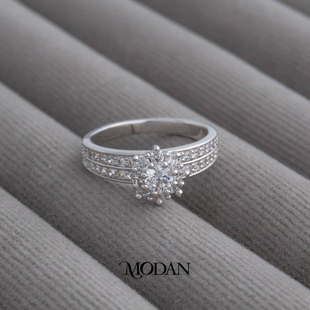 Micro Pave Wide Band Floral Cluster Ring Cincin Klaster Bunga Tangkai Lebar Hypoallergenic Gold Plated