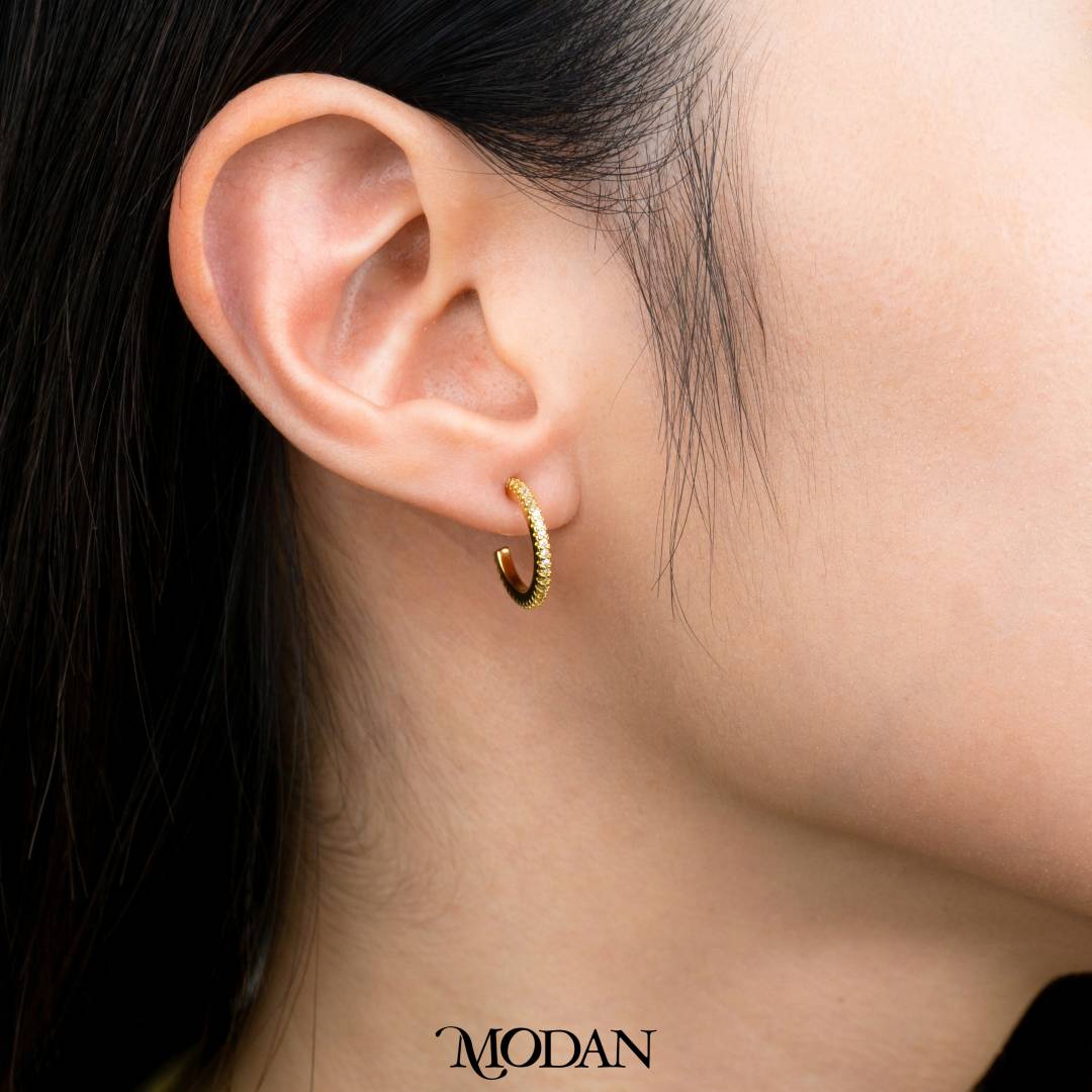 (15mm) Mini Micro Pave C Hoop Earrings Anting Bentuk C Hypoallergenic Gold Plated