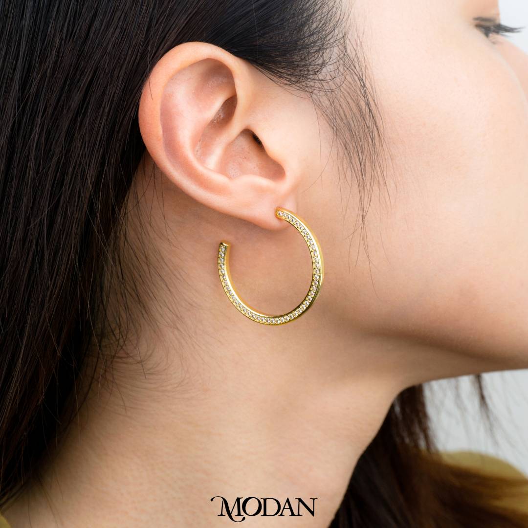 (35mm) One-Sided Clear Cubic Zirconia C-Hoops Earrings Anting Bentuk C Hypoallergenic Gold Plated
