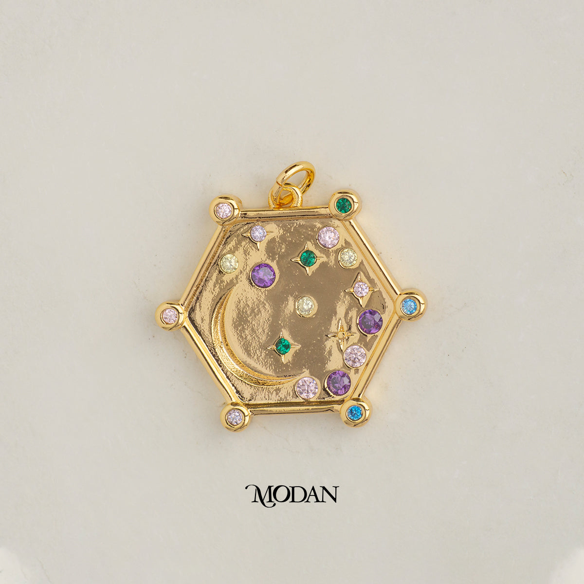 Colorful Celestial Moon and Star Hexagon DIY Charm Liontin Bulan Bintang Hypoallergenic Gold Plated