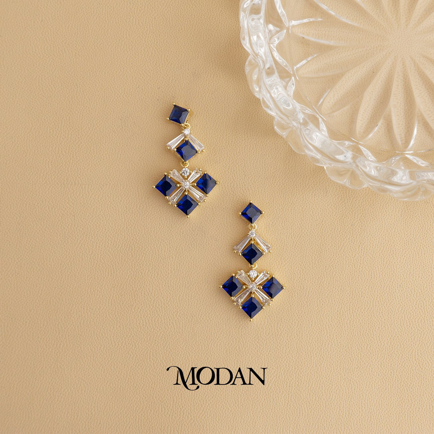Sparkling Blue Lapiz Lazuli Rhombus Drop Earrings Anting Gantung Pesta Hypoallergenic Gold Plated
