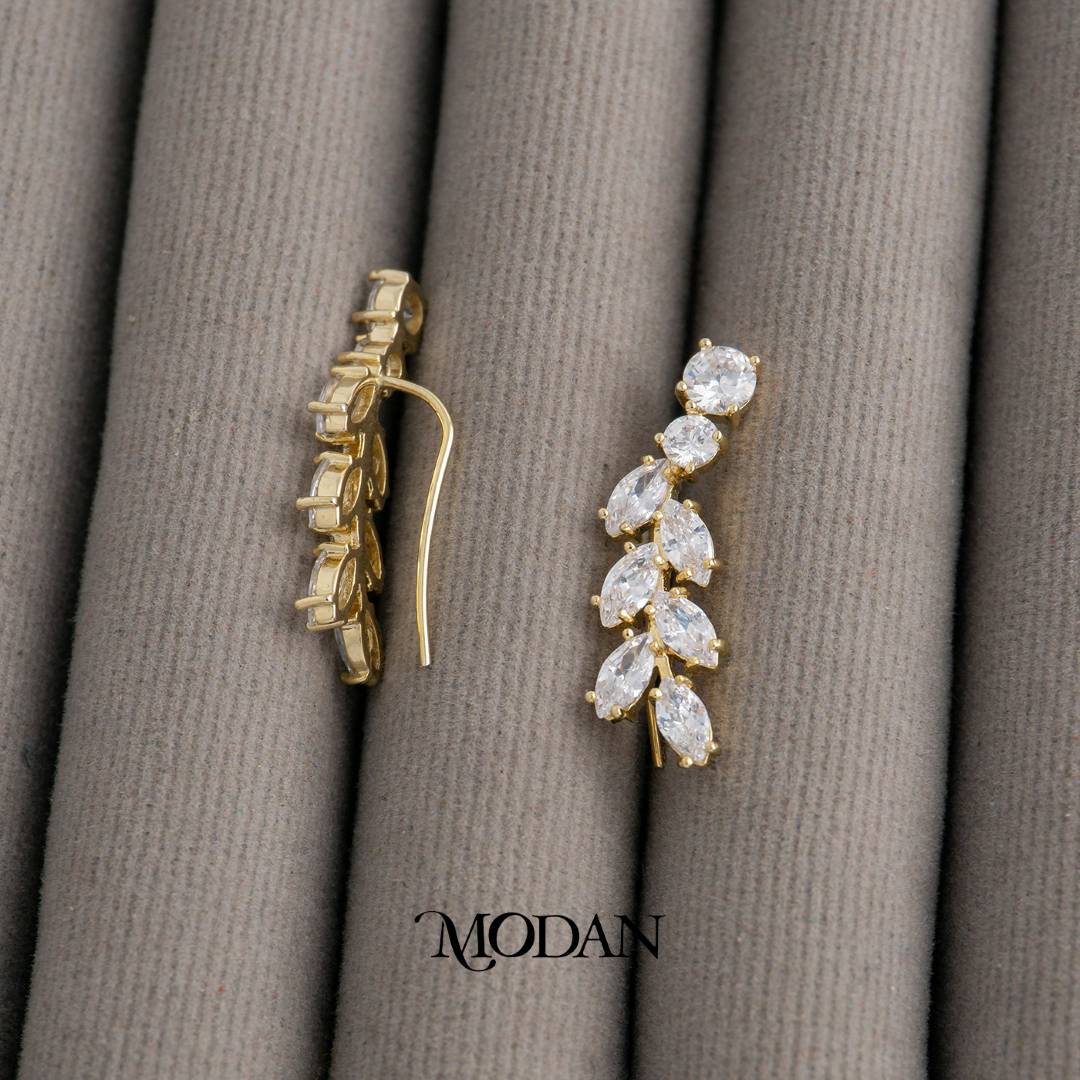 Sparkling Ear Climber Leaf Earrings Anting Daun Pesta Hypoallergenic Gold Plated