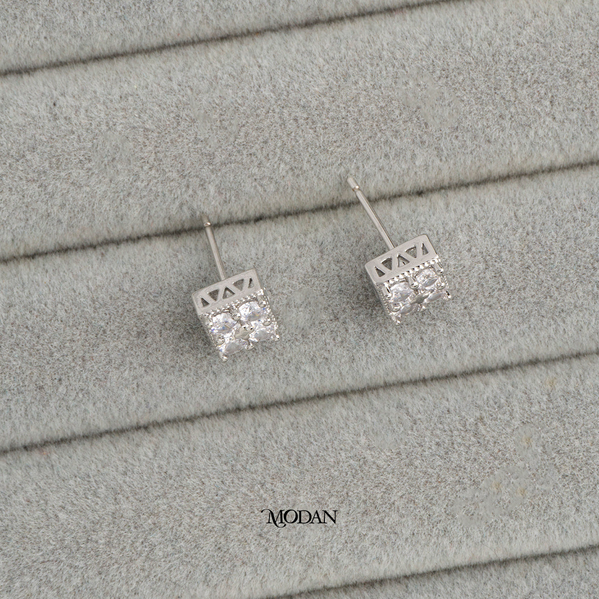 (8mm) Cluster Zirconia Square Stud Earrings Anting Tusuk Persegi Hypoallergenic Gold Plated