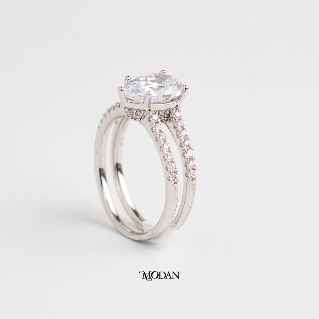 Pear Cut Solitaire Double Pave Ring Cincin Tetes Air Dua Lapis Hypoallergenic Gold Plated