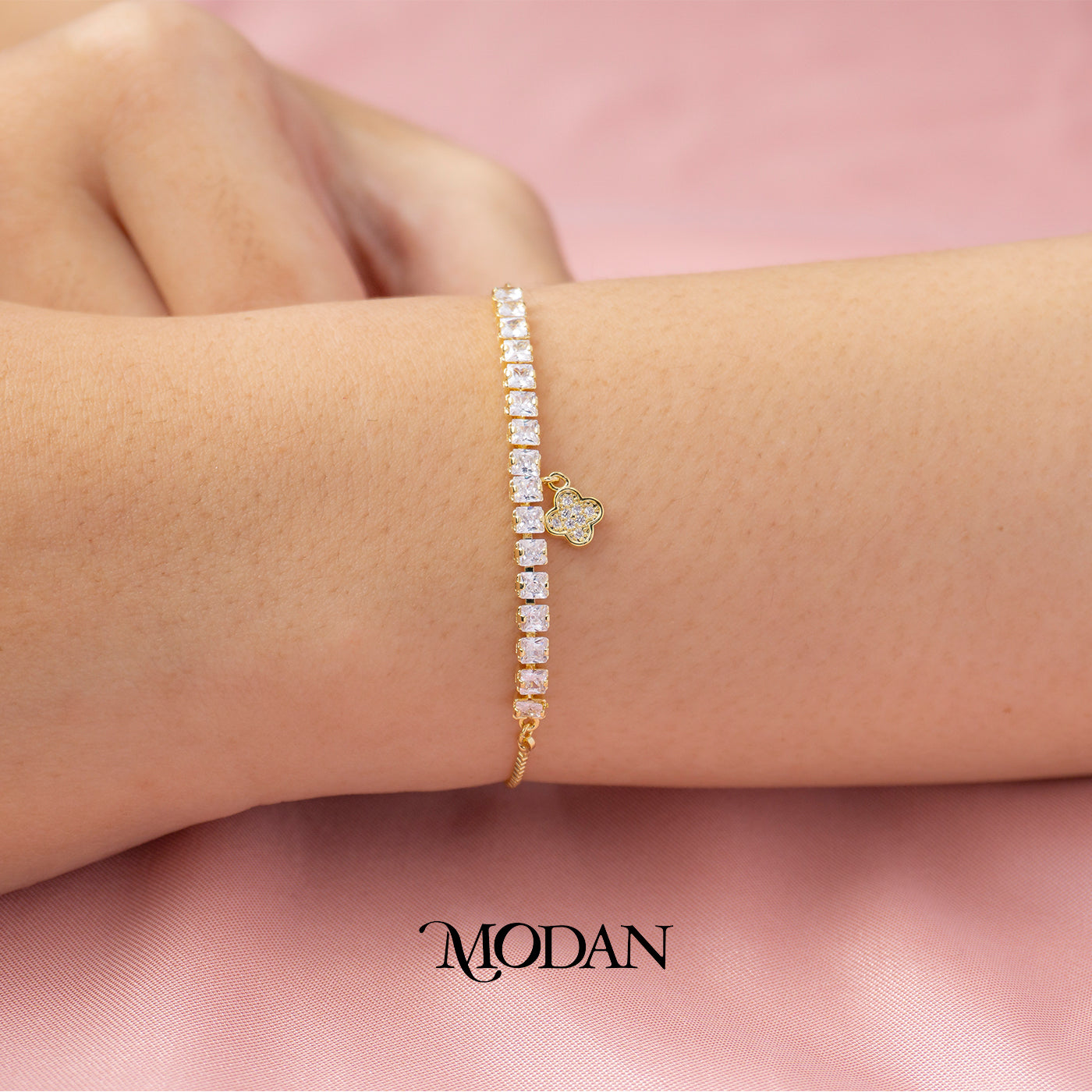 Sparkling Baguette Dangle Clover Dainty Adjustable Bracelet Gelang Serut Hypoallergenic Gold Plated