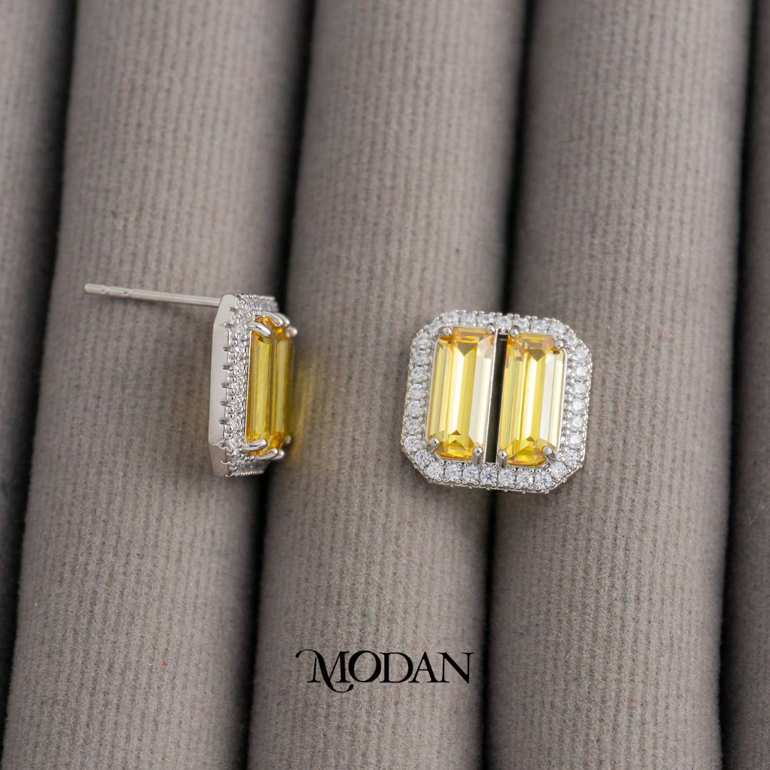 Pink Yellow Baguette Bar Stud Earrings Anting Tusuk Persegi Pesta Pernikahan Hypoallergenic Gold Plated