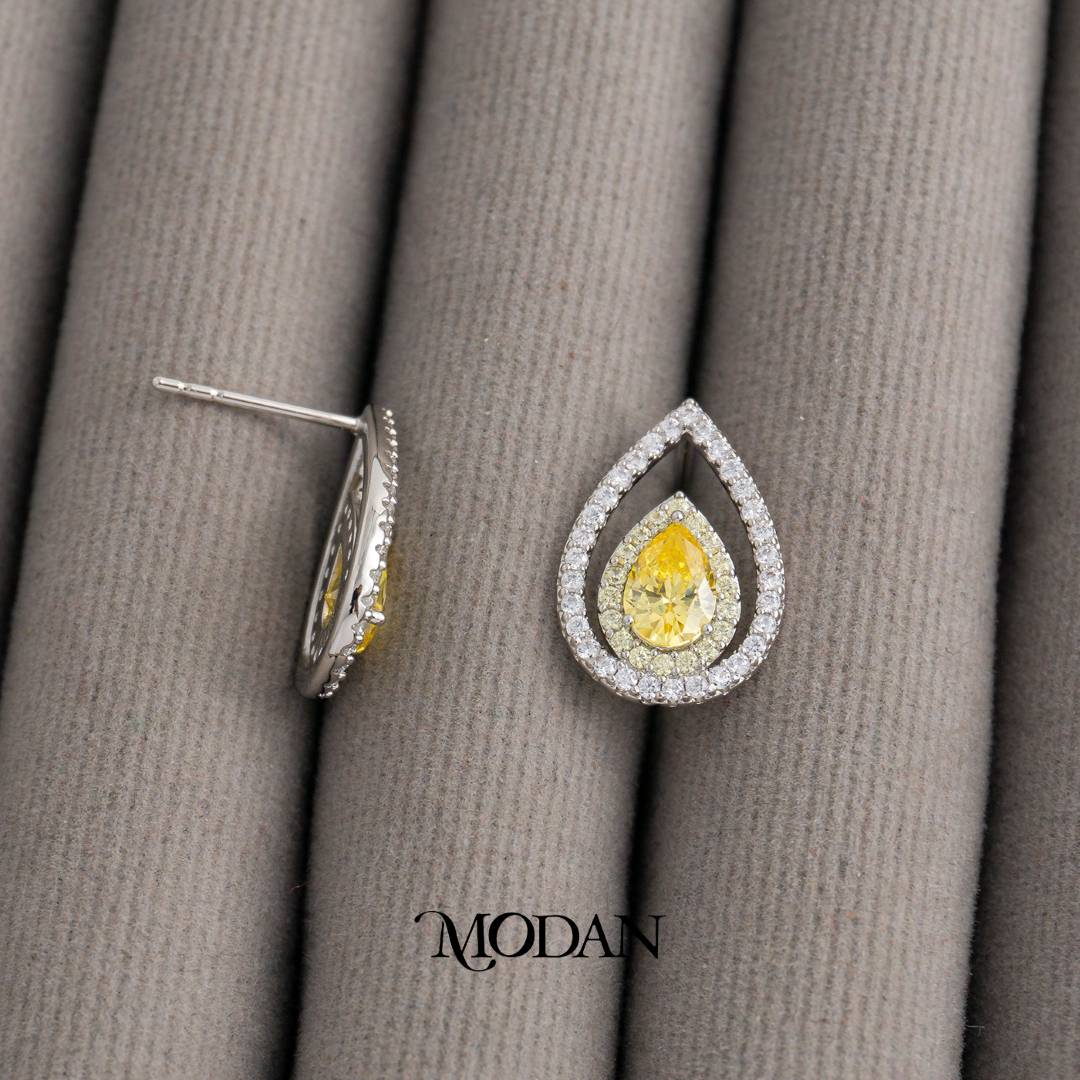 Clear Yellow Micro Pave Open Teardrop Stud Earrings Anting Tusuk Tetes Air Mata Pesta Pernikahan Hypoallergenic Gold Plated