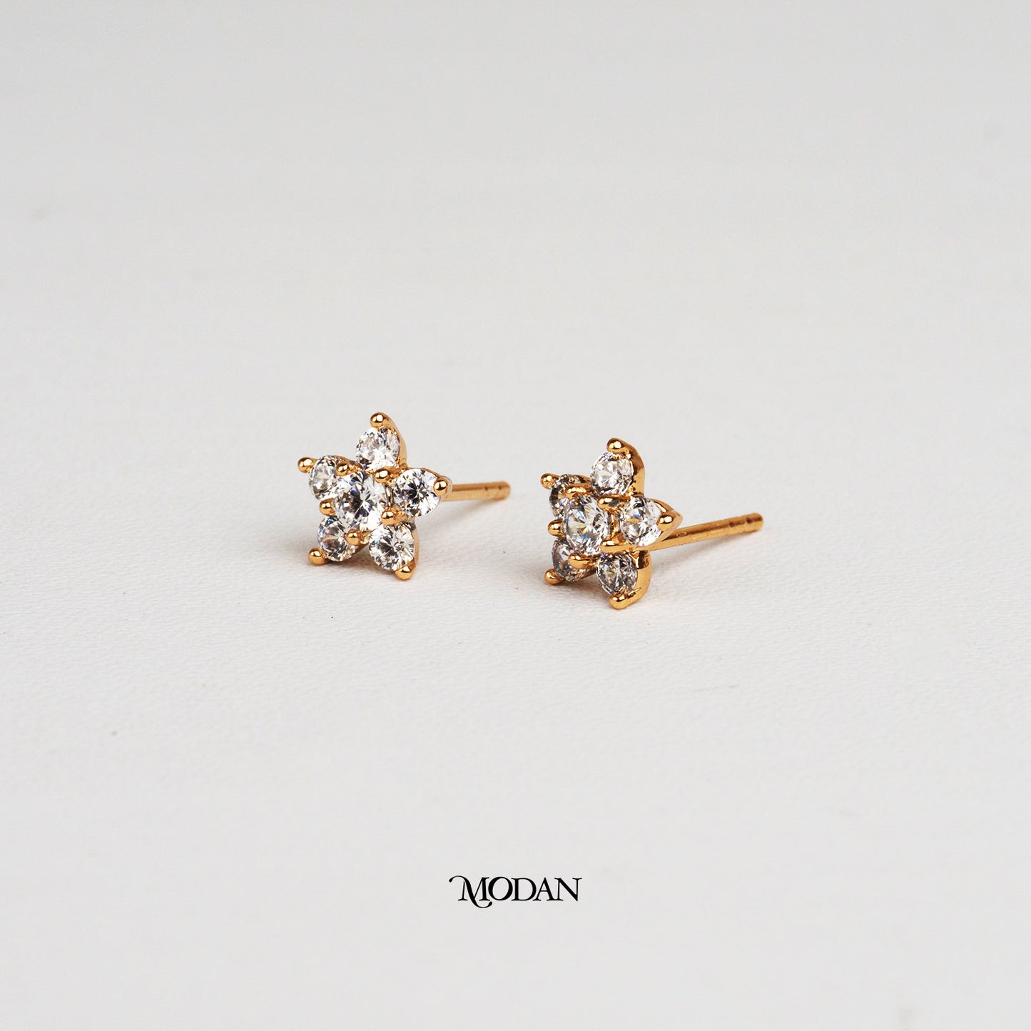 (8mm) Sparkling Mini Micro Paved Zirconia Five Petals Star Stud Earrings Anting Tusuk Bintang Kecil Hypoallergenic Gold Plated