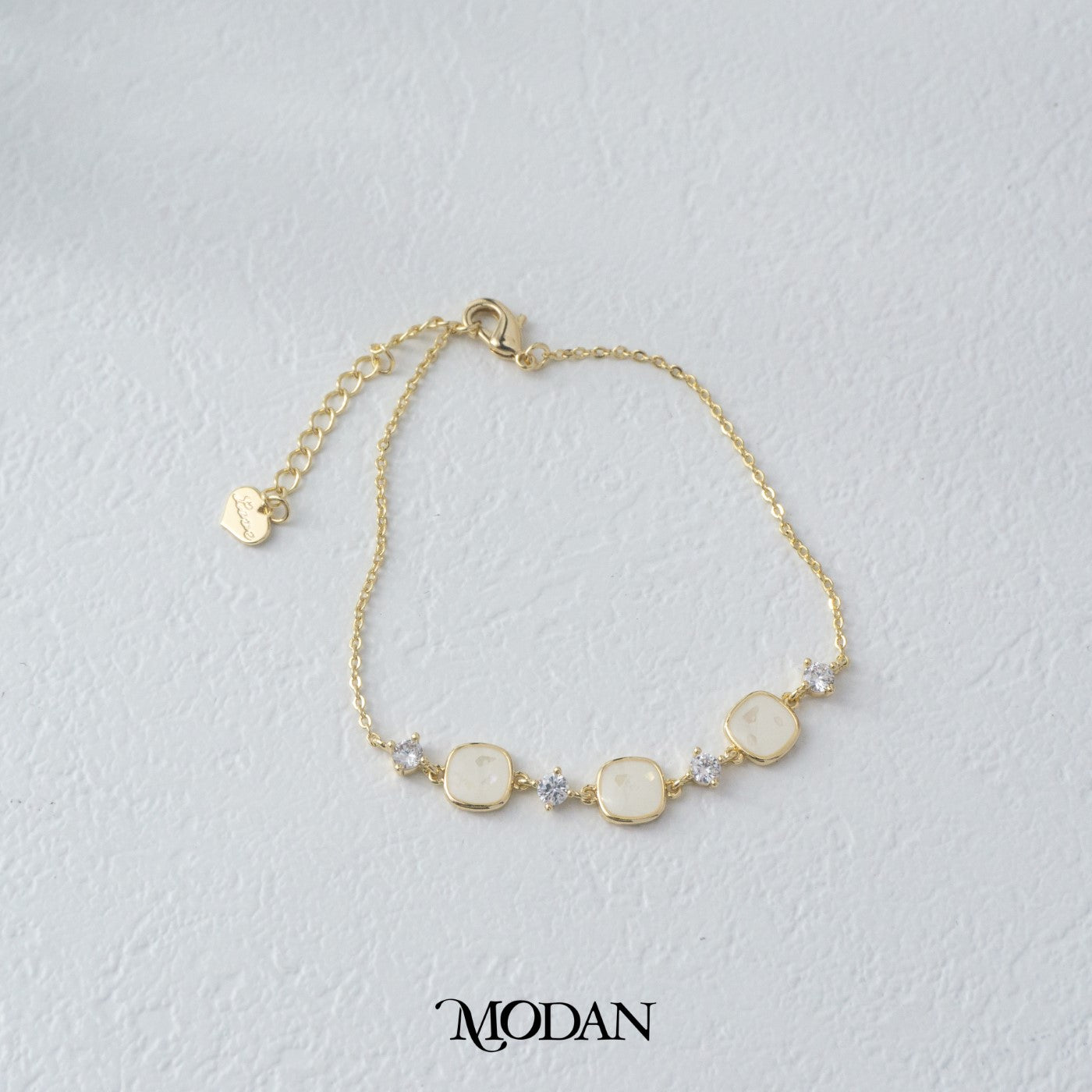 (16cm) Triple Square Moonstone Adjustable Bracelet Gelang Serut Hypoallergenic Gold Plated