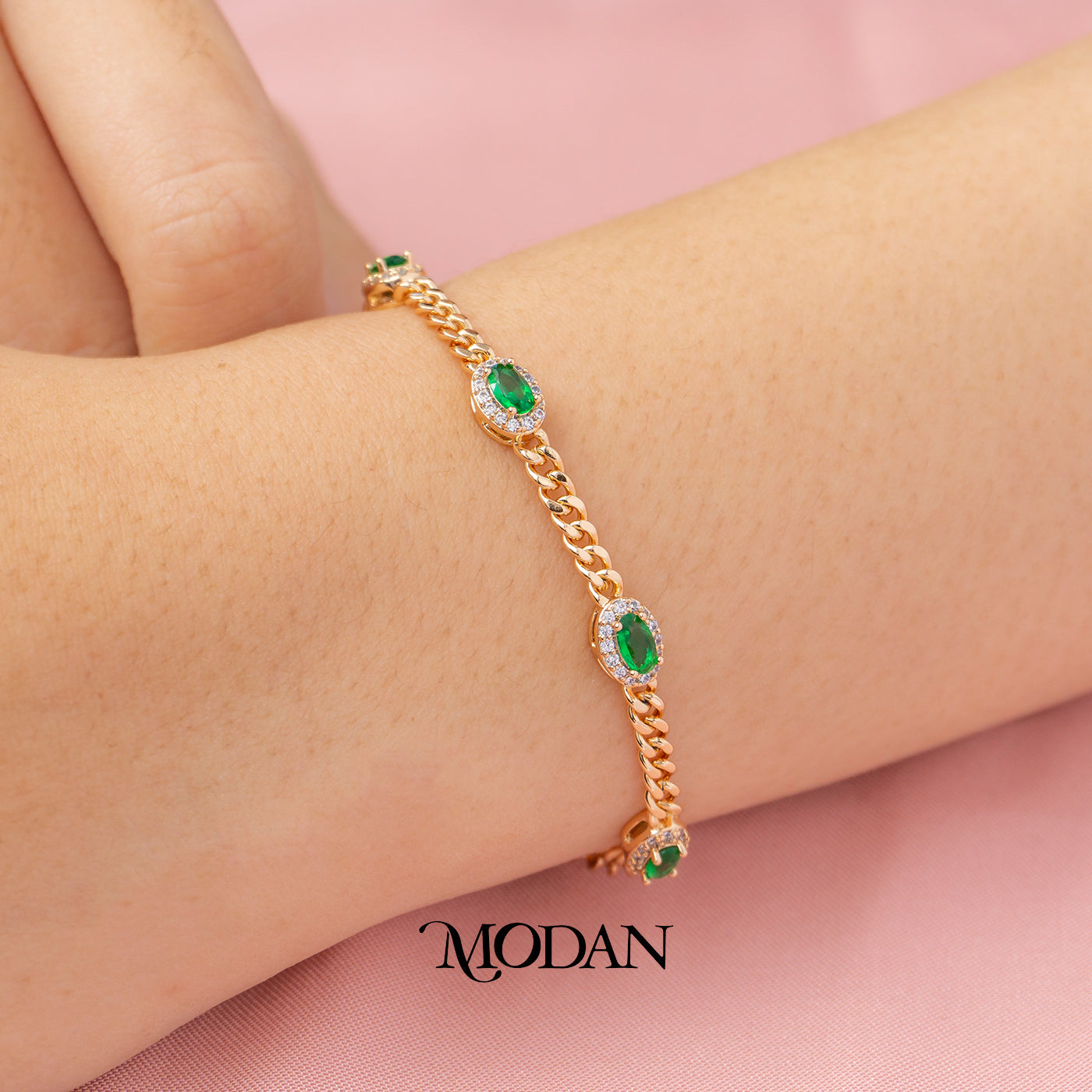 (16cm) Statement Emerald Green Oval Curb Chain Bracelet Gelang Rantai Hypoallergenic Gold Plated