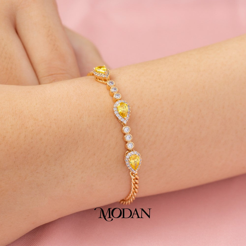(16cm) Statement Sparkling Yellow Teardrop Curb Chain Bracelet Gelang Rantai Hypoallergenic Gold Plated