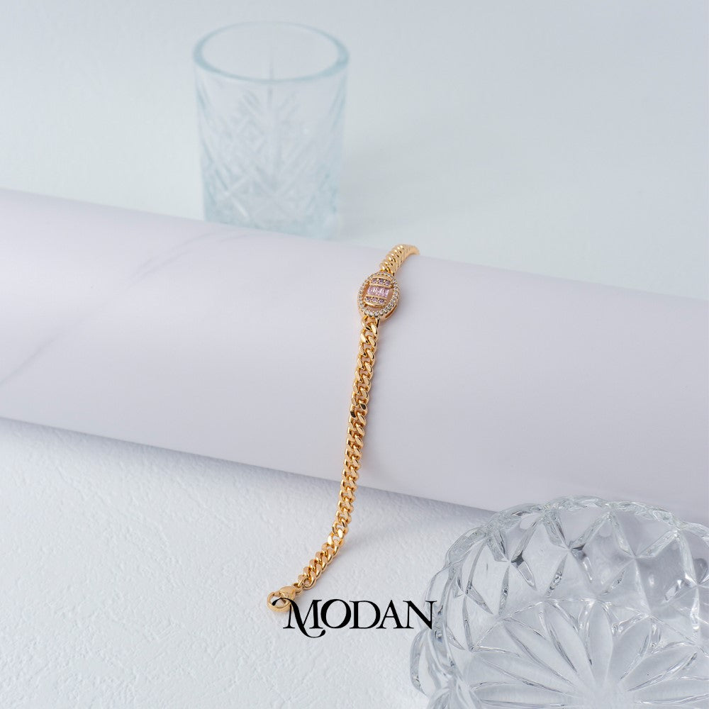 (16cm) Statement Pink Baguette Oval Curb Chain Bracelet Gelang Rantai Hypoallergenic Gold Plated