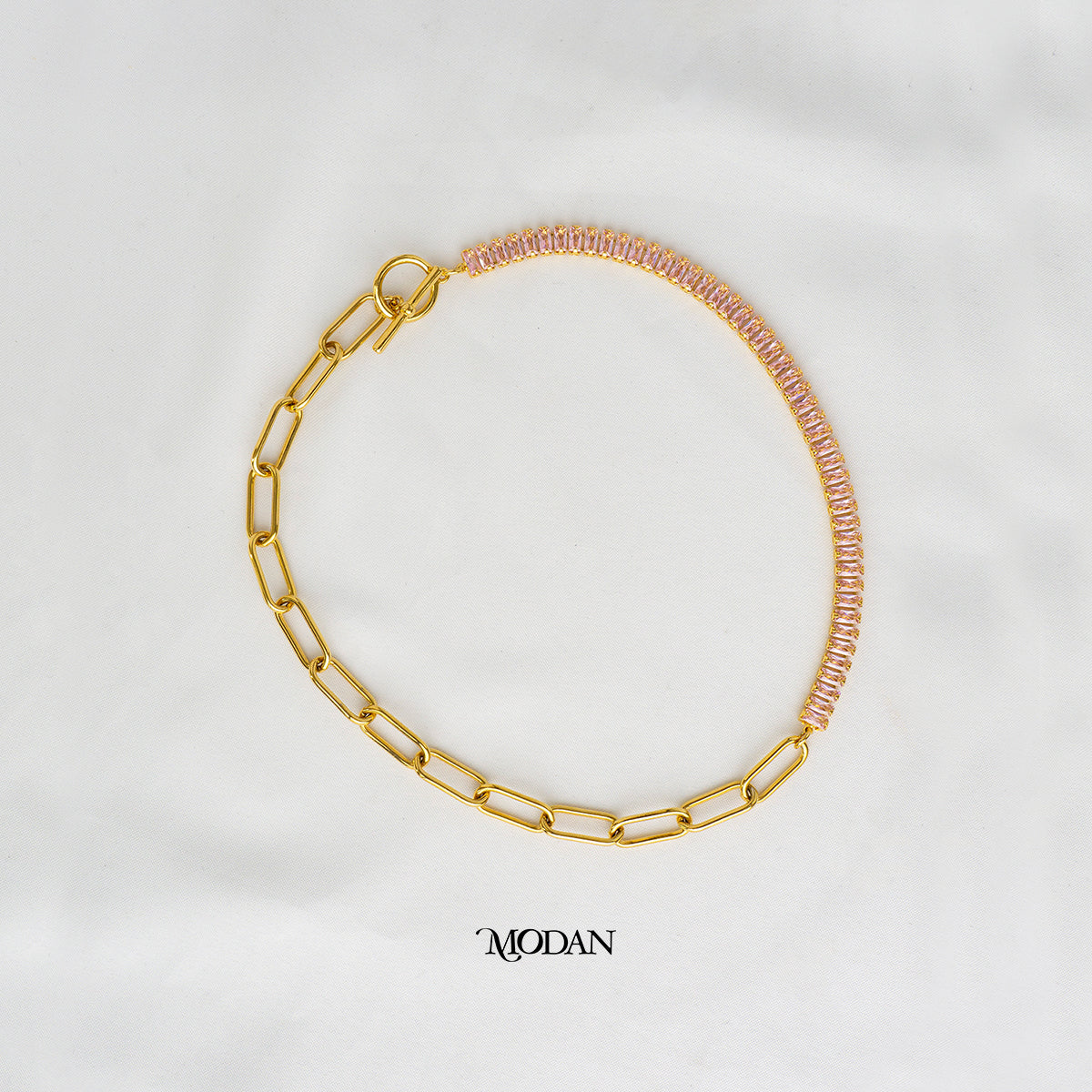 (40cm) Pink Peach Baguette Tennis Paperclip Necklace Kalung Hypoallergenic Gold Filled