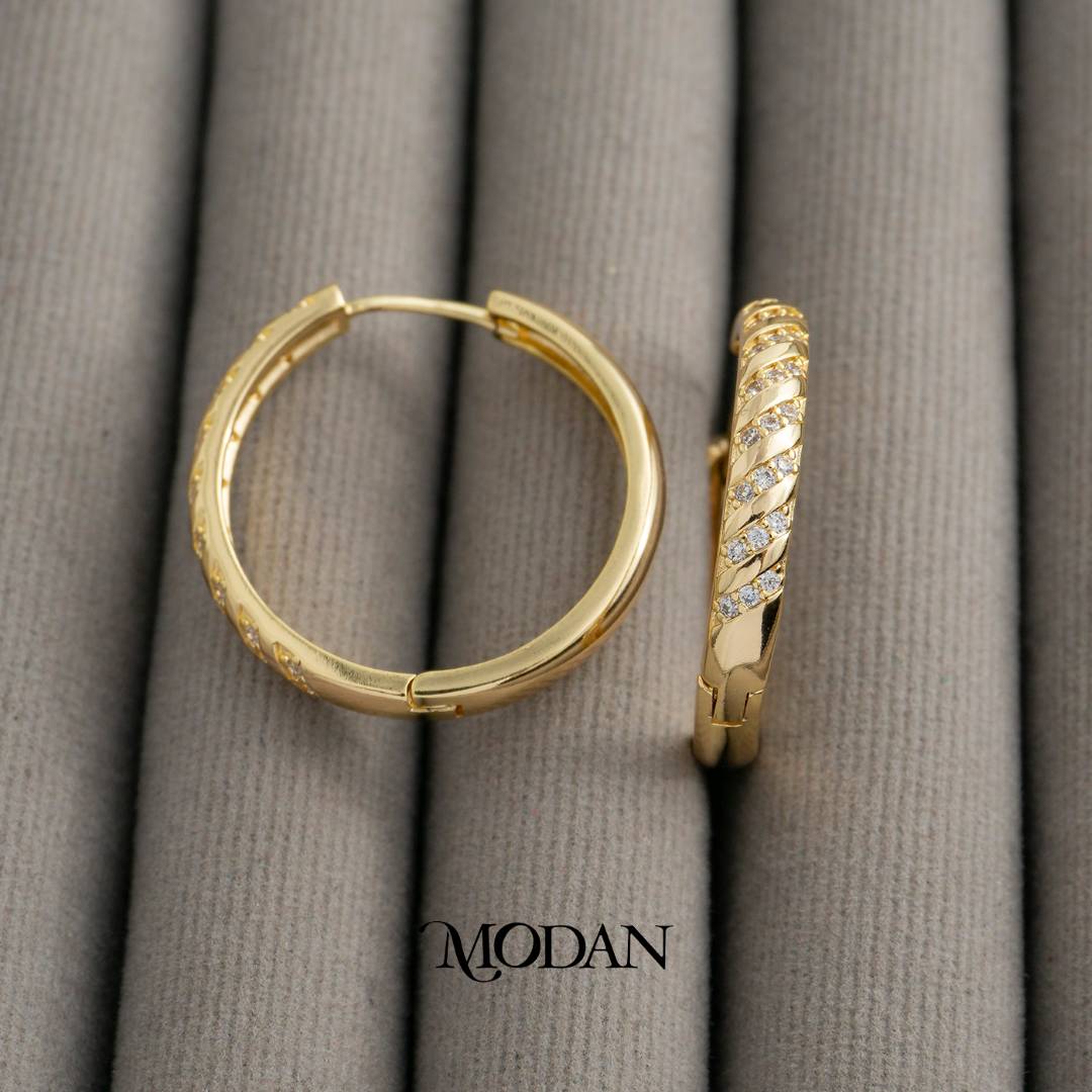 Micro Pave Swirl Rope Hoop Earrings Anting Bulat Ulir Hypoallergenic Gold Filled