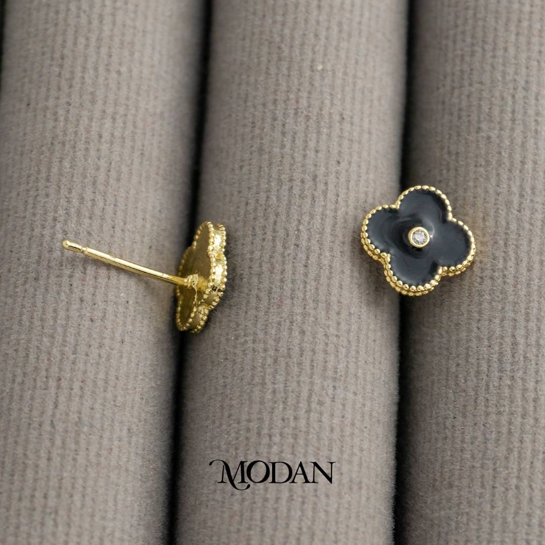 Black Enamel Lucky Clover Stud Earrings Anting Tusuk Daun Keberuntungan Hypoallergenic Gold Plated