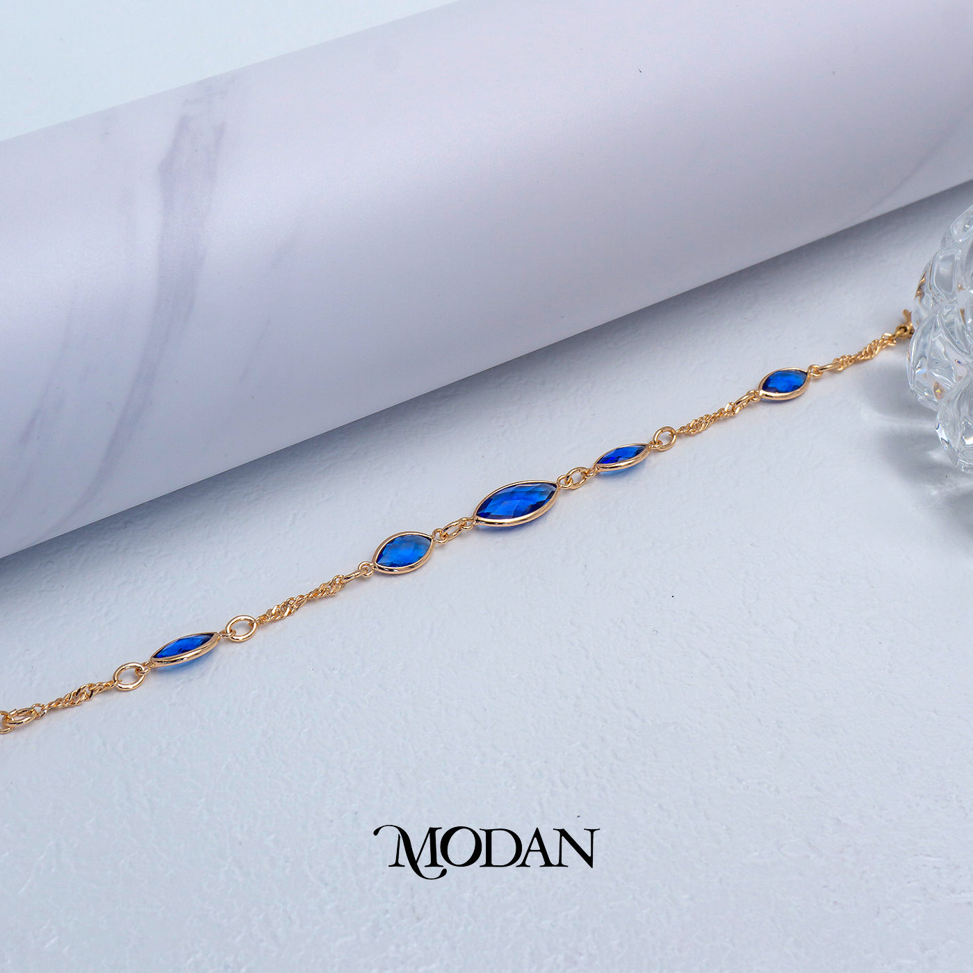 (17cm) Cocktail Blue Ellipse Cut Bracelet Gelang Pesta Biru Hypoallergenic Gold Plated