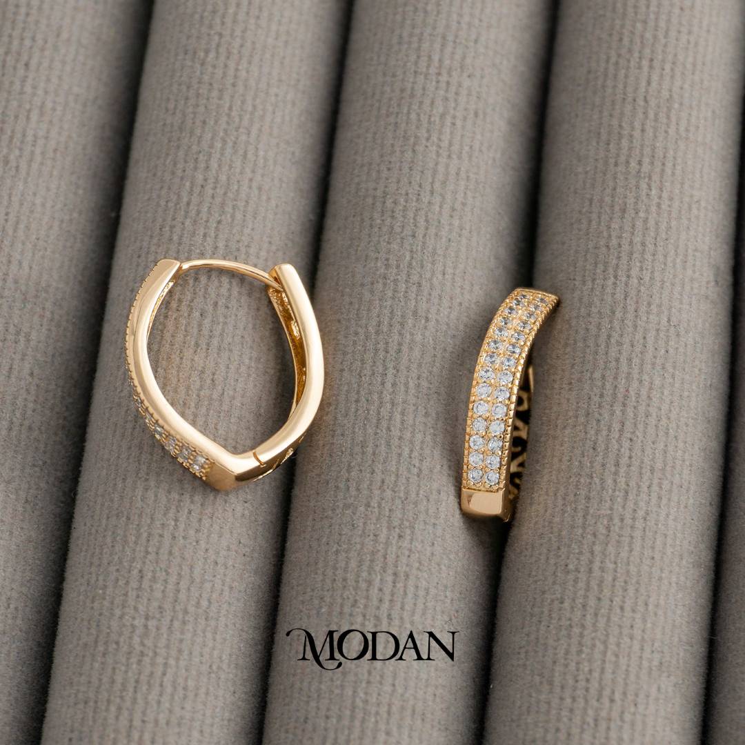 Micro Paved V-Shaped Hoop Earrings Anting Bentuk V Hypoallergenic Gold Plated