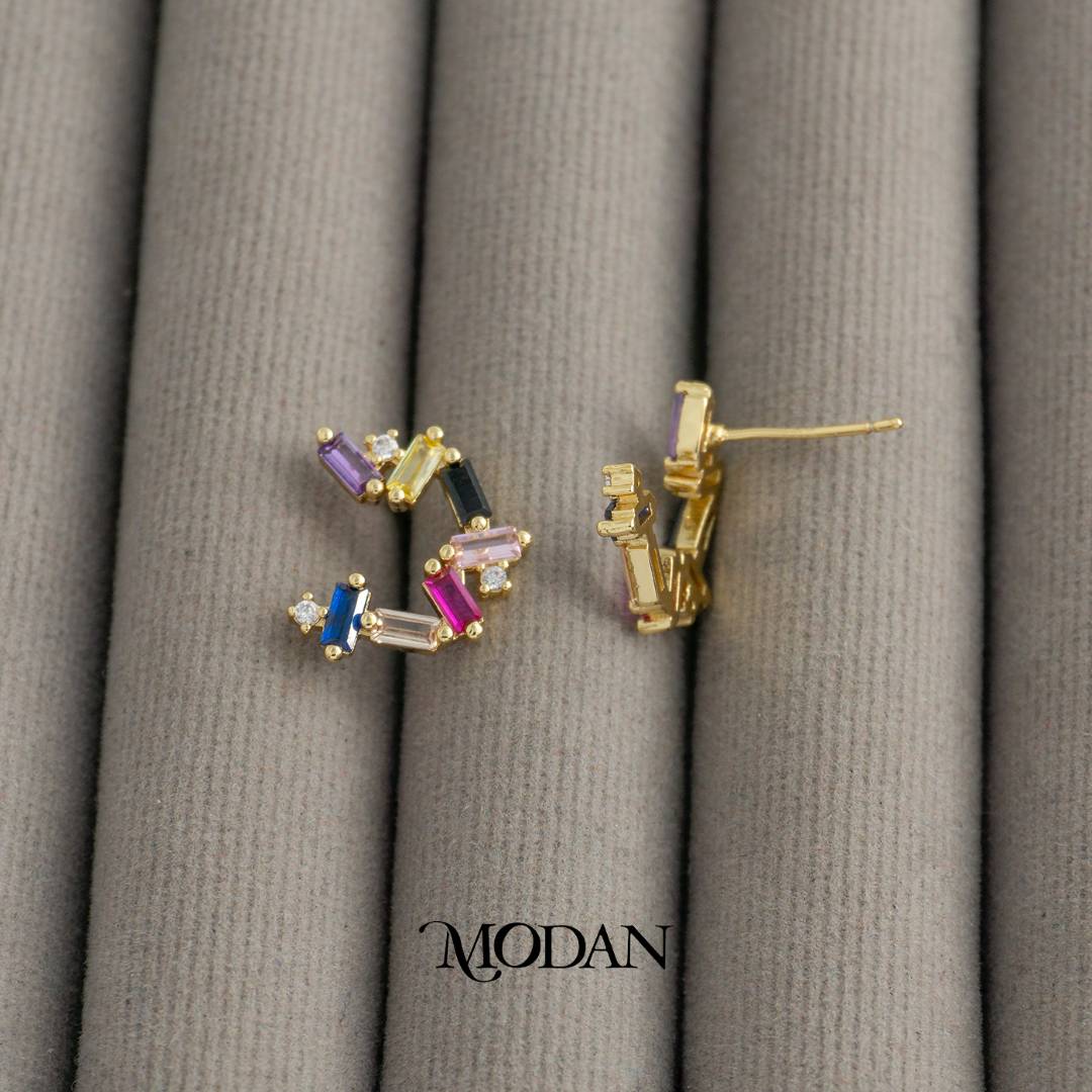 Rainbow Colorful ZigZag Baguette Stud Earrings Anting Tusuk Warna - Warni Pesta Pernikahan Hypoallergenic Gold Plated