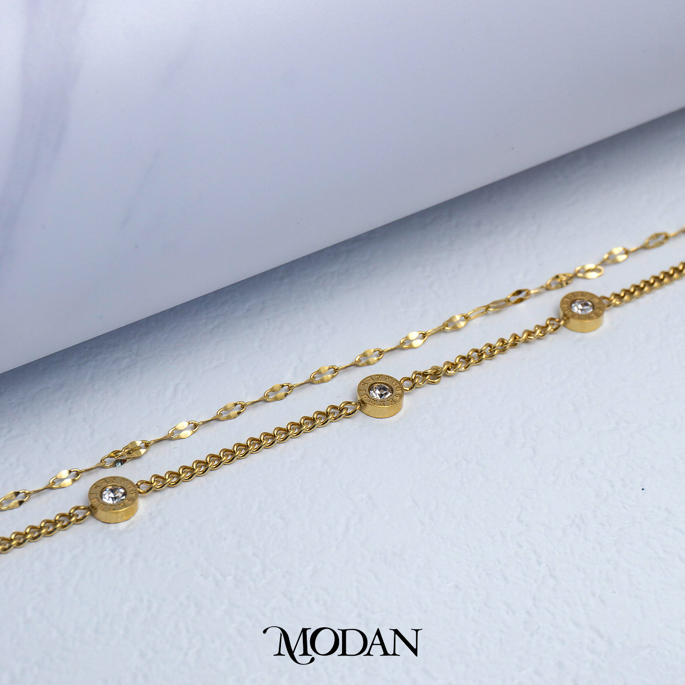 (18cm) Roman Numerals Chain Double Layer Bracelet Gelang Hypoallergenic Stainless Steel