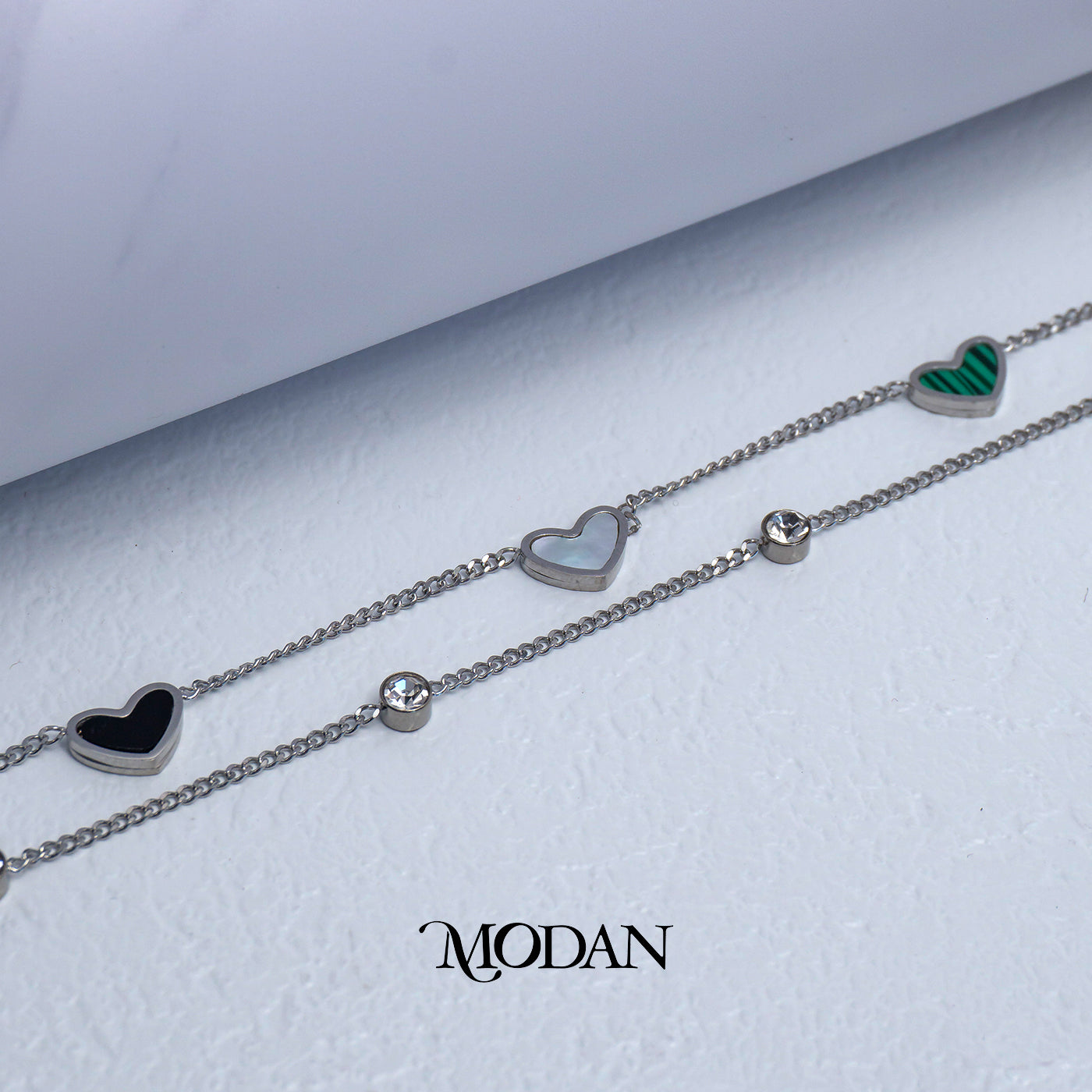 (17cm) Titanium Silver Mother of Pearl Heart Double Layer Bracelet Gelang Hypoallergenic Stainless Steel