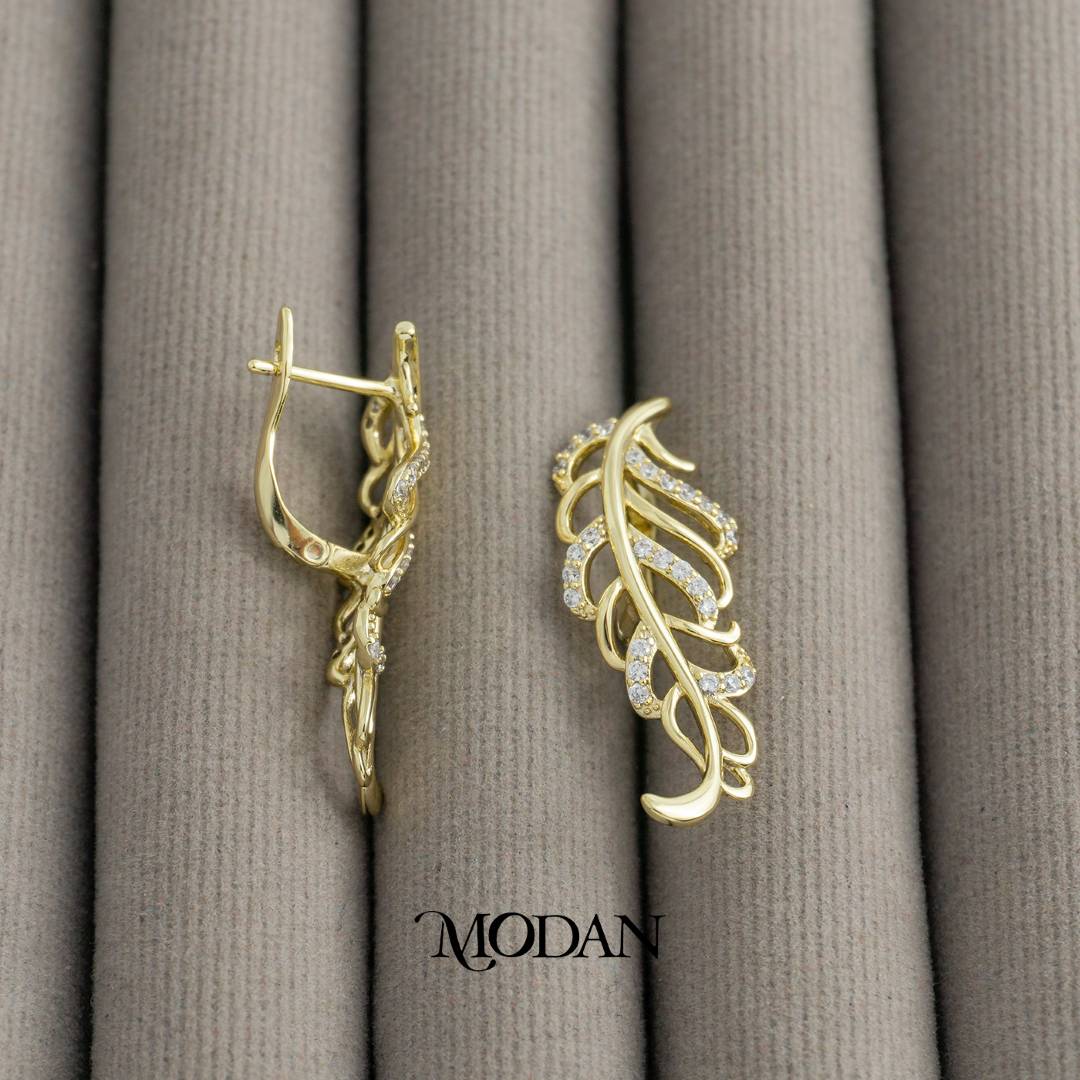 Micro Paved Leaf Drop Hoop Earrings Anting Daun Pesta Hypoallergenic Gold Plated