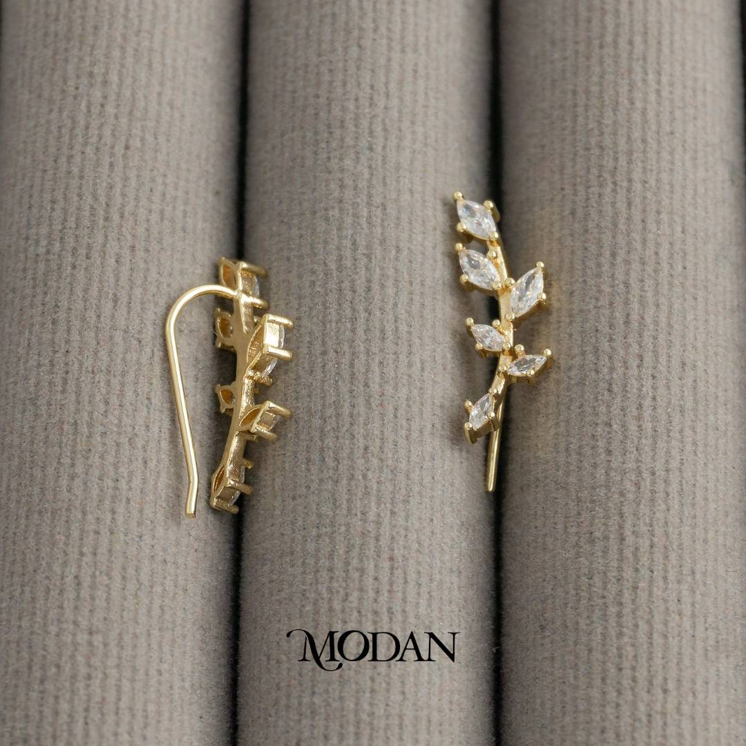 Sparkling Marquise Leaf Ear Climber Earrings Anting Daun Pesta Hypoallergenic Gold Plated