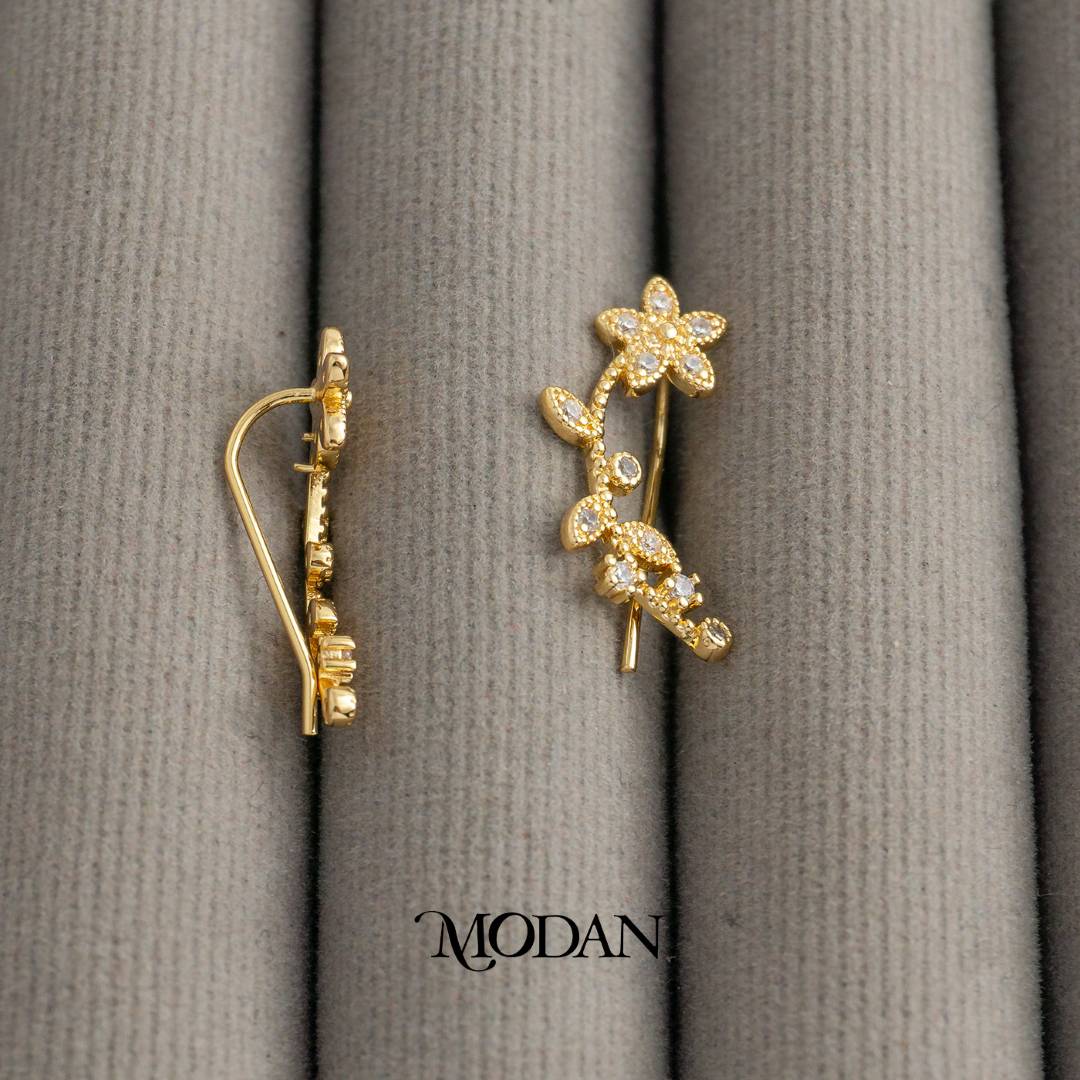 Sparkling Vine Flower Beaded Climber Earrings Anting Bunga Merambat Hypoallergenic Gold Plated