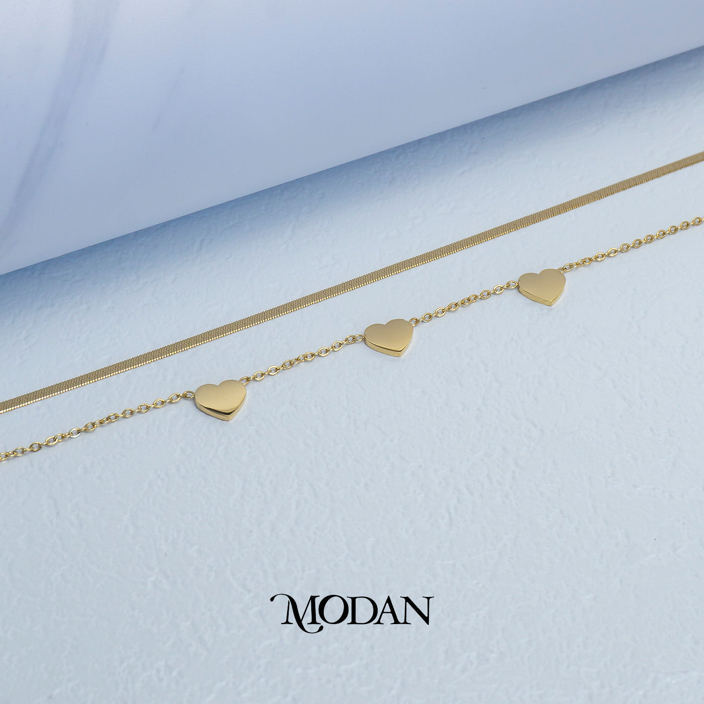 (23cm) Titanium Golden Plain Heart and Herringbone Snake Chain Double Layer Anklet Bracelet Gelang Kaki Hypoallergenic Stainless Steel