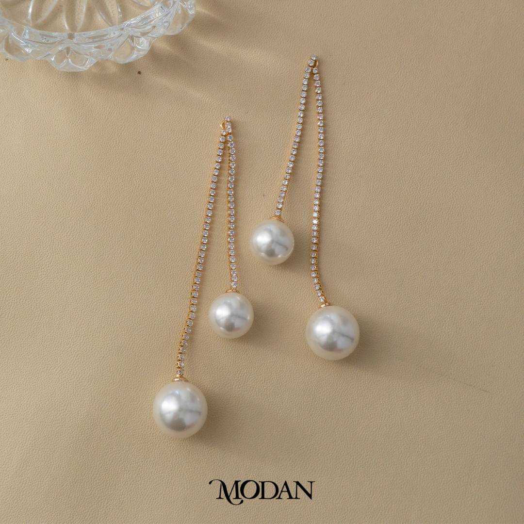 Sparkling Bridal Tassel Shell Pearl Stud Earrings Anting Tusuk Mutiara Pesta Hypoallergenic Gold Plated