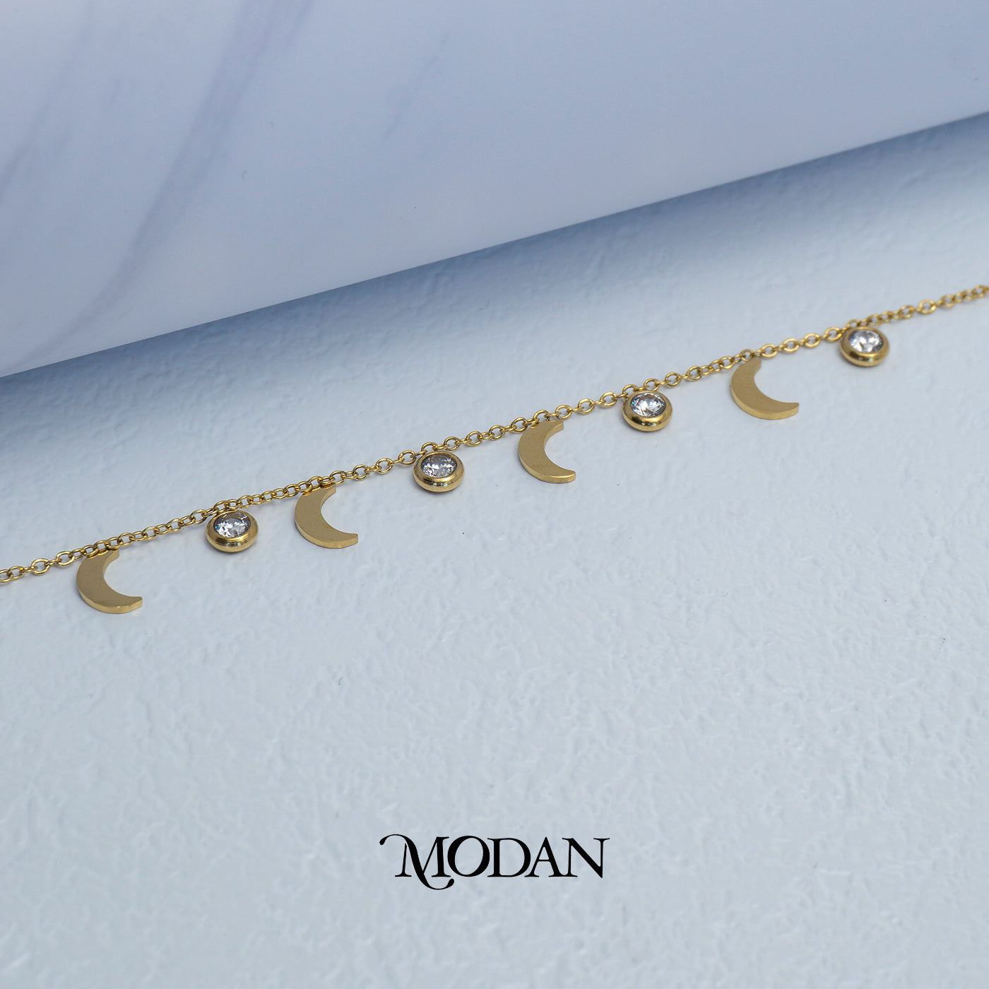 (18cm) Titanium Golden Celestial Moon Charm Dainty Bracelet Gelang Bulan Hypoallergenic Stainless Steel