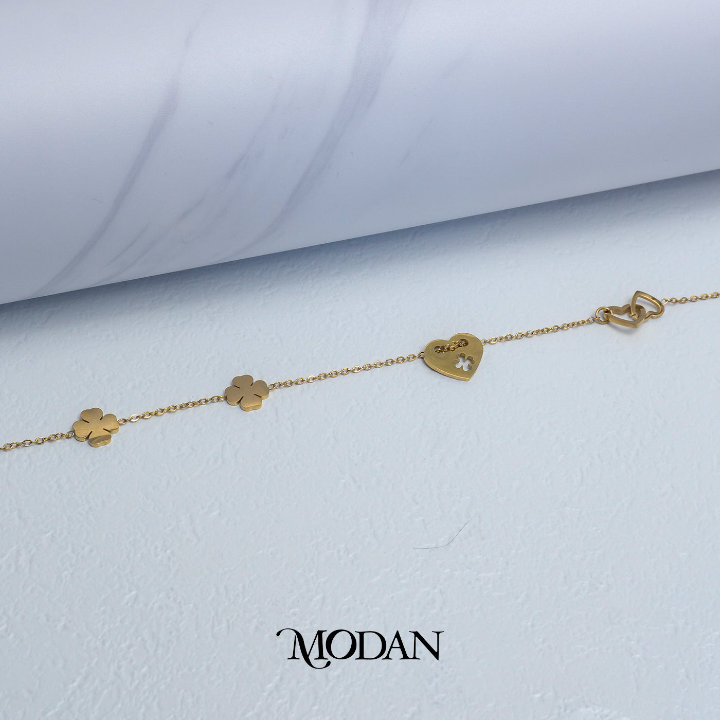 (16cm) Titanium Golden Love Heart Leaf Clover Bracelet Gelang Rantai Hypoallergenic Stainless Steel