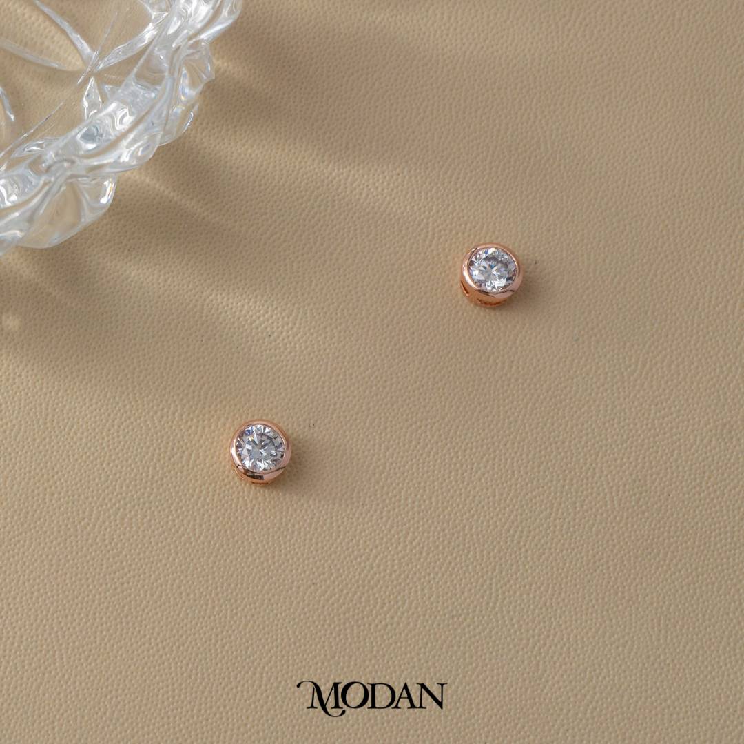 (6mm) Sparkling Moissanite Bezel Stud Earrings Anting Tusuk Bulat Kecil Hypoallergenic Gold Plated
